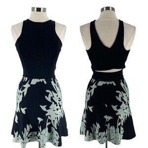 Issa London Sleeveless Cross Back Black Green Print Stretch Knit Mini Dress M